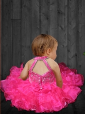 2014 Beautiful Hot Pink Halter Little Girl Dress with Beading and Ruffles