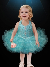 2014 Beautiful Hot Pink Halter Little Girl Dress with Beading and Ruffles