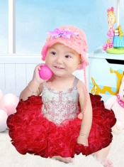 2014 Modest Straps Knee-length Beading and Ruffles Little Girl Dress with Zipper-up