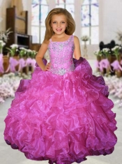 2014 Straps Ball Gown Beading Fuchsia Little Girl Pageant Dress with Ruffles