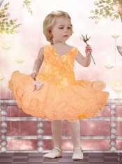 2015 Elegant A-Line Straps Little Girl Dresses with Appliques Beading Bowknot in Orange