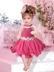 2015 Halter Backless A-Line Knee-length Little Girl Dress with Appliques and Beading
