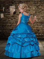 Affordable Straps Little Girl Pageant Dresses with Appliques in Blue