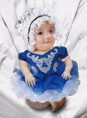 Appliques and Ruffles V-neck Blue and White Cute Little Girl Dresses