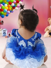 Appliques and Ruffles V-neck Blue and White Cute Little Girl Dresses