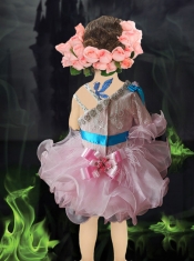 Asymmetrical Baby Pink Mini-length Little Girl Dress with Sashes and Ruffles