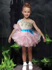 Asymmetrical Baby Pink Mini-length Little Girl Dress with Sashes and Ruffles