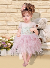 Baby Pink Lace-up Luxurious Little Girl Dress with Ruching and Beading