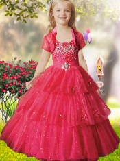 Ball Gown Spaghetti Straps Little Girl Pageant Dress with Sequins Appliques Ruffled layers in Red