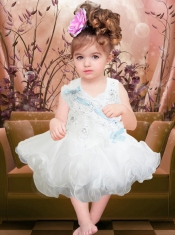 Beading and Ruffles Short Organza Backless Little Girl Dress in White
