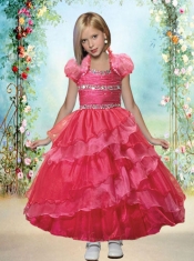 Beautiful A-line Straps Ankle-length Red Little Girl Pageant Dress with Beading