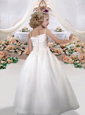 Beautiful Ball Gown Spaghetti Straps White Little Girl Pageant Dress with Bowknot