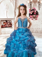 Beautiful Blue Ball Gown Spaghetti Straps Little Girl Pageant Dress with Beading