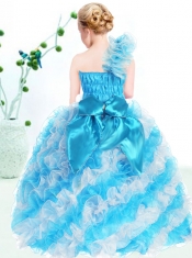 Beautiful Blue One Shoulder Little Girl Pageant Dress with Ruffles for 2014