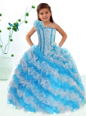 Beautiful Blue One Shoulder Little Girl Pageant Dress with Ruffles for 2014