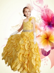 Beautiful One Shoulder Column Ruffles 2014 Little Girl Pageant Dress in Gold