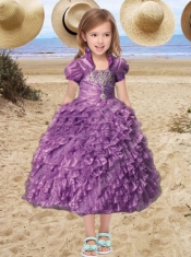 Beautiful Straps Tea-length Little Girl Pageant Dress with Beading Ruffles in Purple for 2014