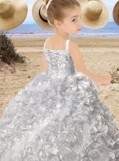 Beautiful Straps Tea-length Little Girl Pageant Dress with Beading Ruffles in Purple for 2014