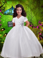 Beautiful V-neck Ball Gown Little Girl Pageant Dresses with Short Sleeves