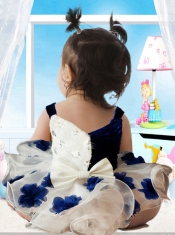 Blue and White Appliques and Ruffles 2014 Cute Little Girl Dress with Straps