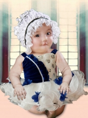 Blue and White Appliques and Ruffles 2014 Cute Little Girl Dress with Straps