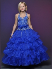 Blue Halter Appliques Little Girl Pageant Dress with Ruffles Layers for 2014