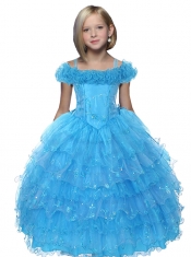 Blue Off the Shoulder Appliques Little Girl Pageant Dress with Ruffles for 2014