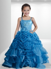 Blue Spaghetti Straps Ball Gown Appliques Little Girl Pageant Dresses for 2014