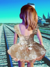 Champagne Short V-neck Lace-up Little Girl Dress with Ruching and Appliques