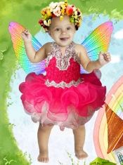 Coral Red Halter Knee-length Exquisite Little Girl Dress with Appliques and Ruffles