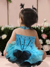 Cute A-Line Halter Top Tea-length Appliques Bowknot Blue and Black Little Girl Dresses