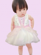 Cute A-Line Scoop Mini-length Beading Bowknot White Little Girl Dresses