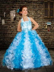 Elegant Blue Halter Top Ball Gown 2014 Little Girl Pageant Dress with Beading