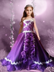 Exquisite A-Line One Shoulder Little Girl Pageant Dress with Ruching Appliques in Purple