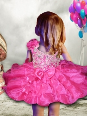 Fashionable Ball Gown Asymmetrical Mini-length Beading Bowknot Hot Pink Little Girl Dress