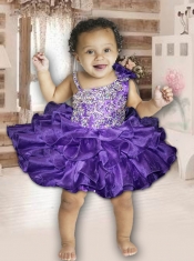 Fashionable Ball Gown Asymmetrical Mini-length Beading Bowknot Hot Pink Little Girl Dress