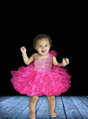 Fashionable Ball Gown Asymmetrical Mini-length Beading Bowknot Hot Pink Little Girl Dress
