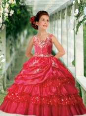 Fashionable Ball Gown V-neck Red Little Girl Pageant Dress with Beading