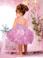 Fashionable Halter Top Knee-length Beading Bowknot Yellow Little Girl Dresses