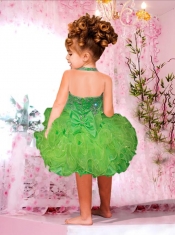 Fashionable Halter Top Knee-length Beading Bowknot Yellow Little Girl Dresses