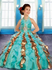 Green and Gold Halter Ball Gown Beading Little Girl Pageant Dress with Ruffles for 2014
