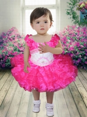 Hot Pink Beading and Ruffles Knee-length Little Girl Dress with Off the Shoulder