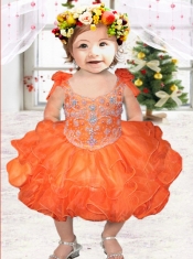 Orange Ball Gown Straps Knee-length Little Girl Dress with Beading