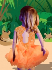 Orange V-neck Orange Short Little Girl Dress With Appliques Beading