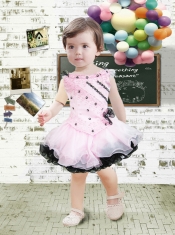 Pink and Black Bateau Mini-length Lace Bowknot Beautiful Little Girl Dress