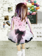 Pink and Black Bateau Mini-length Lace Bowknot Beautiful Little Girl Dress