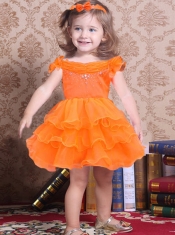 Popular Orange A-Line Off the Shoulder Little Girl Dress with Beading and Ruffles