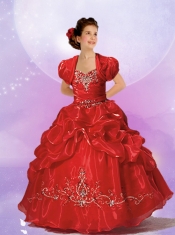 Popular Straps Ball Gown 2014 Little Girl Pageant Dresses with Appliques in Red