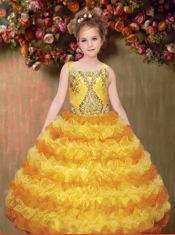Pretty Ball Gown Yellow Straps Beading Little Girl Pageant Dresses with Ruffles for 2014