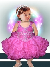 Pretty Beading and Ruffles Fuchsia Rose Pink Little Girl Dresses with Halter